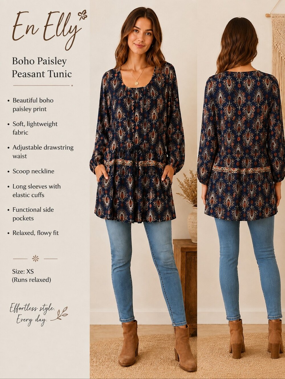 En Elly Boho Paisley Peasant Tunic Top Lightweight Blue Size XL